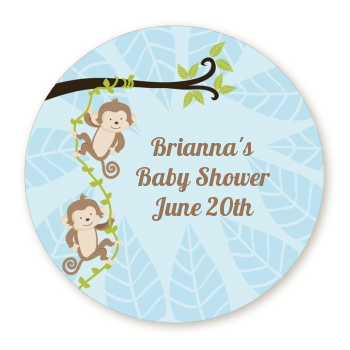  Twin Monkey Boys - Round Personalized Baby Shower Sticker Labels 