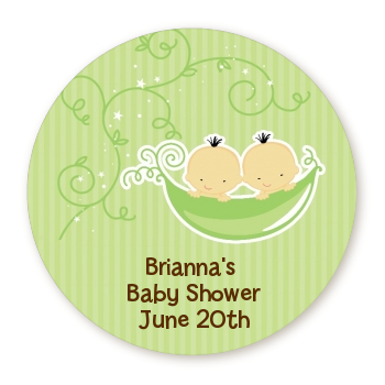  Twins Two Peas in a Pod Asian - Round Personalized Baby Shower Sticker Labels 2 Boys