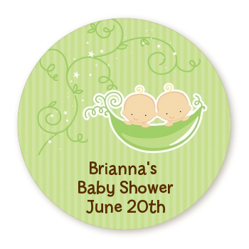  Twins Two Peas in a Pod Caucasian - Round Personalized Baby Shower Sticker Labels Two Boys