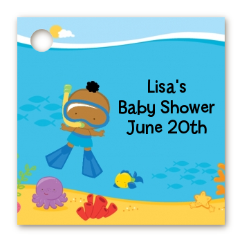 Under the Sea African American Baby Boy Snorkeling - Personalized Baby Shower Card Stock Favor Tags