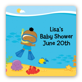 Under the Sea African American Baby Boy Snorkeling - Square Personalized Baby Shower Sticker Labels