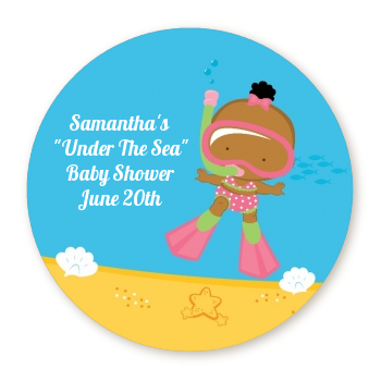  Under the Sea African American Baby Girl Snorkeling - Round Personalized Baby Shower Sticker Labels 