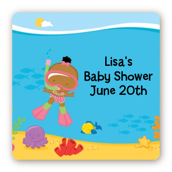 Under the Sea African American Baby Girl Snorkeling - Square Personalized Baby Shower Sticker Labels