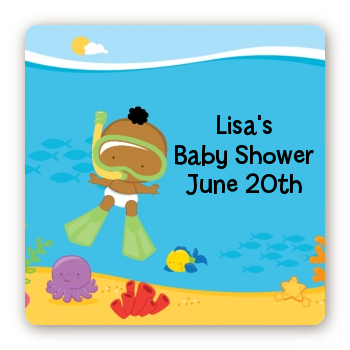 Under the Sea African American Baby Snorkeling - Square Personalized Baby Shower Sticker Labels