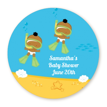  Under the Sea African American Baby Twins Snorkeling - Round Personalized Baby Shower Sticker Labels 