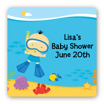 Under the Sea Asian Baby Boy Snorkeling - Square Personalized Baby Shower Sticker Labels