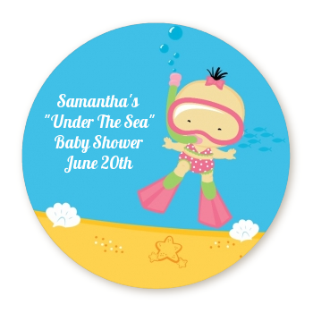  Under the Sea Asian Baby Girl Snorkeling - Round Personalized Baby Shower Sticker Labels 