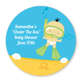  Under the Sea Asian Baby Snorkeling - Round Personalized Baby Shower Sticker Labels 