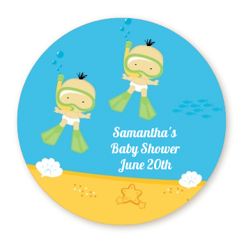  Under the Sea Asian Baby Twins Snorkeling - Round Personalized Baby Shower Sticker Labels 