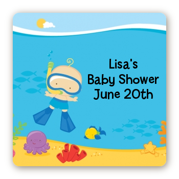 Under the Sea Baby Boy Snorkeling - Square Personalized Baby Shower Sticker Labels