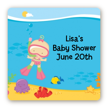 Under the Sea Baby Girl Snorkeling - Square Personalized Baby Shower Sticker Labels