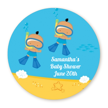  Under the Sea Hispanic Baby Boy Twins Snorkeling - Round Personalized Baby Shower Sticker Labels 