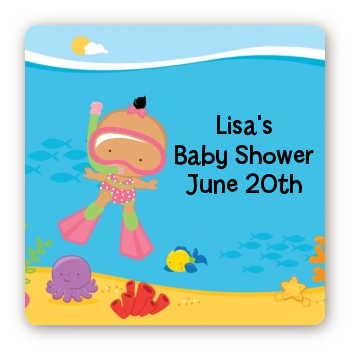 Under the Sea Hispanic Baby Girl Snorkeling - Square Personalized Baby Shower Sticker Labels