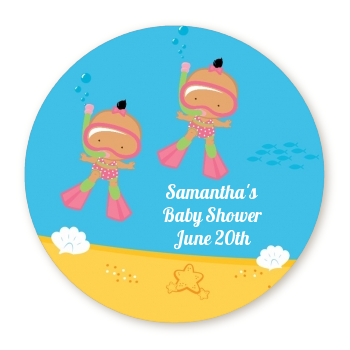  Under the Sea Hispanic Baby Girl Twins Snorkeling - Round Personalized Baby Shower Sticker Labels 