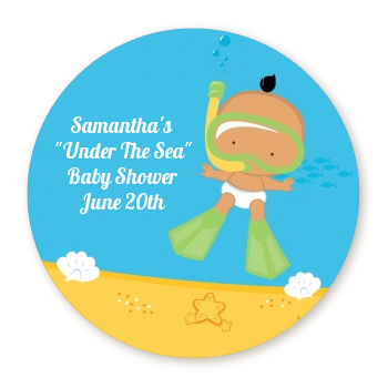  Under the Sea Hispanic Baby Snorkeling - Round Personalized Baby Shower Sticker Labels 