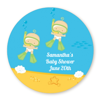  Under the Sea Twin Babies Snorkeling - Round Personalized Baby Shower Sticker Labels 