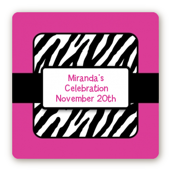 Zebra Print Pink - Square Personalized Birthday Party Sticker Labels